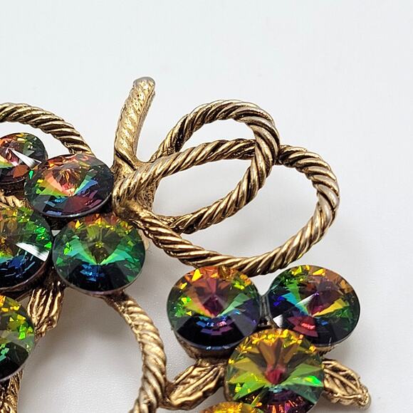 Vintage Unsigned Watermelon Heliotrope Rivoli Brooch 2" Gold Tone Rope Bow - Picture 4 of 8